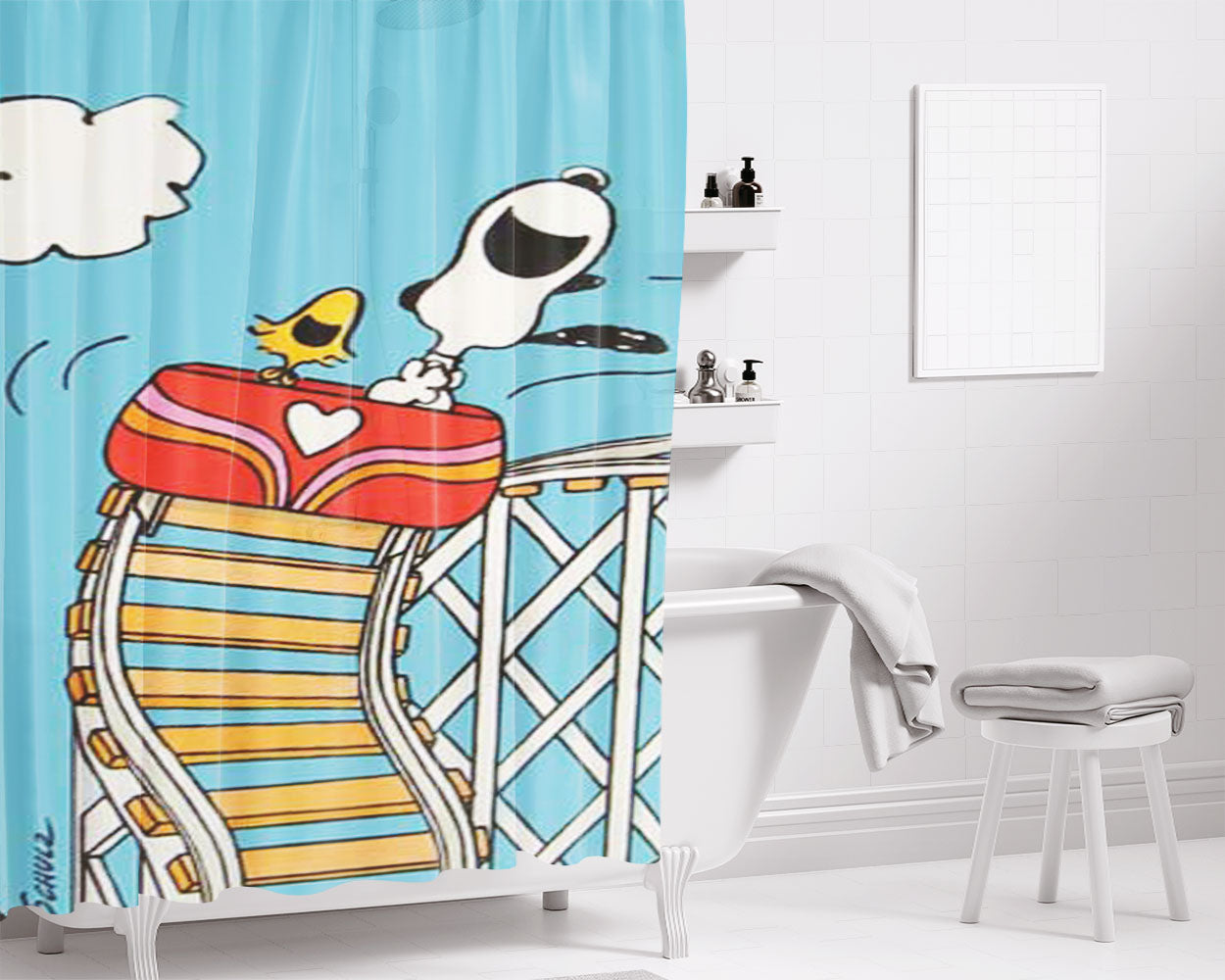 Snoopy White Bathroom Shower Curtain Fabric Waterproof | 66 X 72 Inch