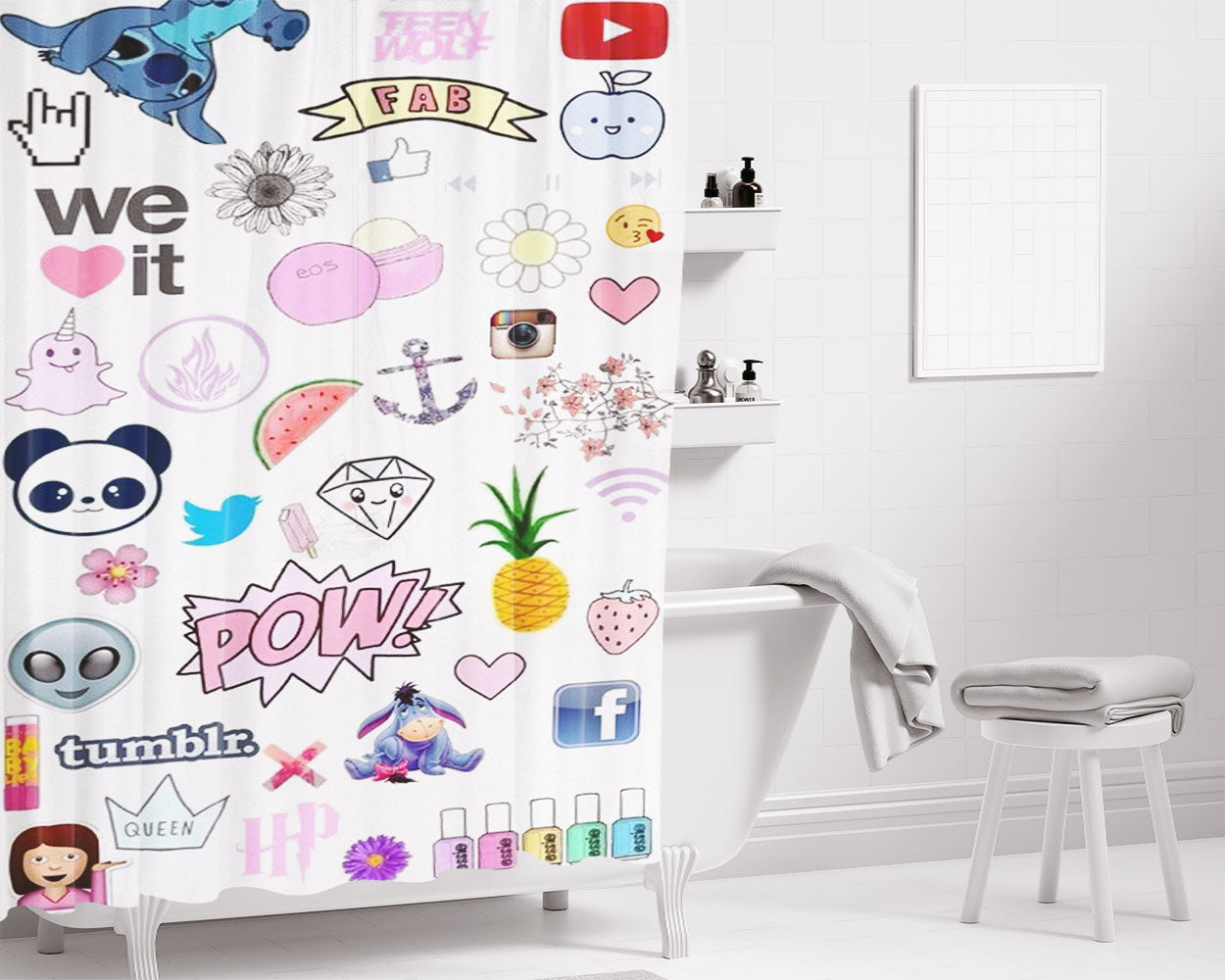 Social Media Emoticon Wallpaper Bathroom Shower Curtain Fabric Waterproof | 66 X 72 Inch