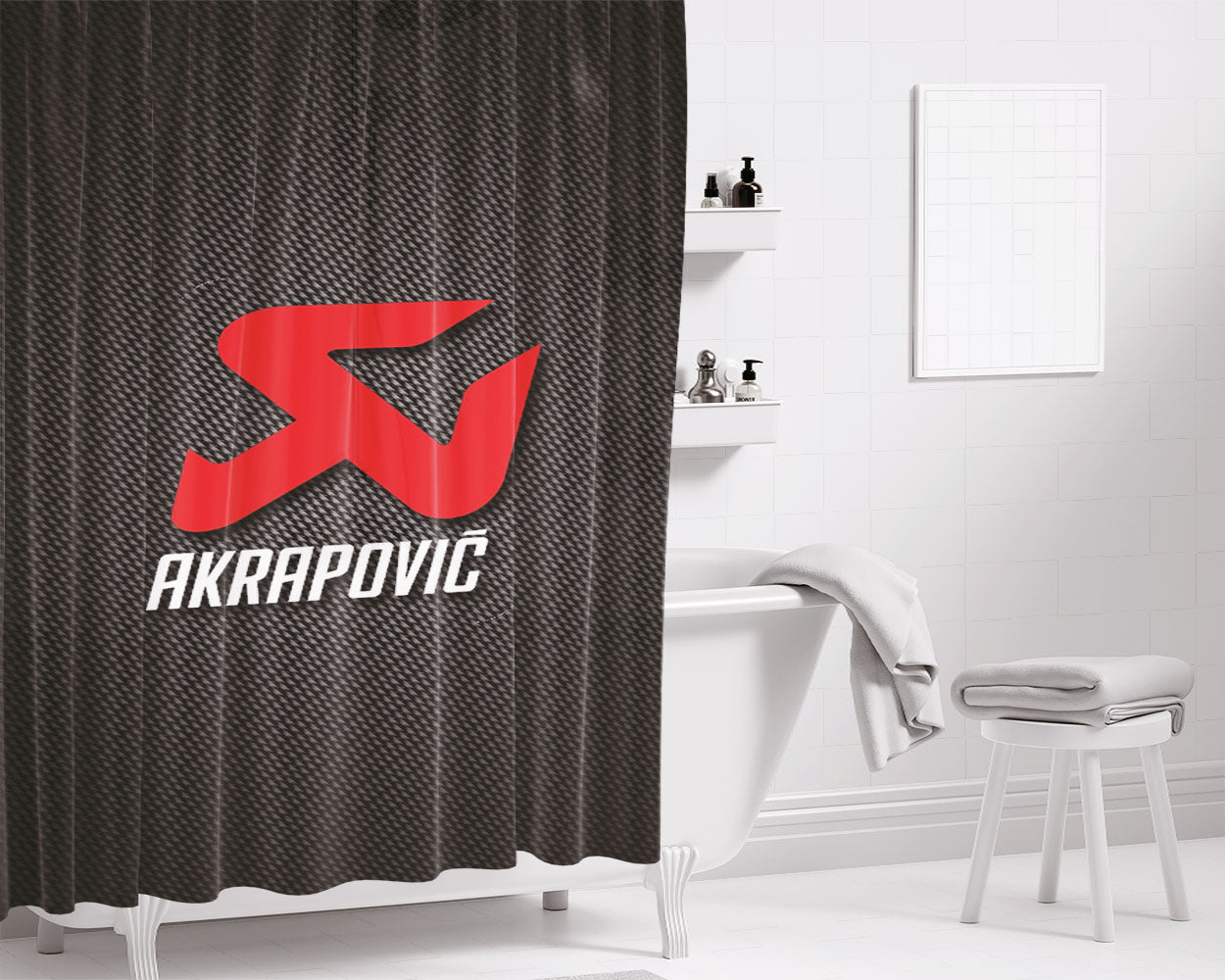 Akrapovic Exhaust System Carbon Logo Bathroom Shower Curtain Fabric Waterproof | 66 X 72 Inch