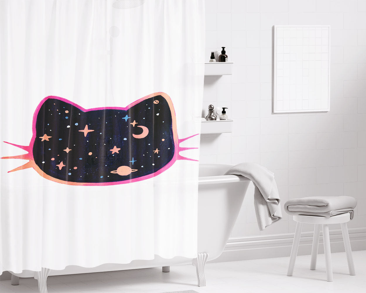 Kitty Cat Face Cute Pattern Bathroom Shower Curtain Fabric Waterproof | 66 X 72 Inch