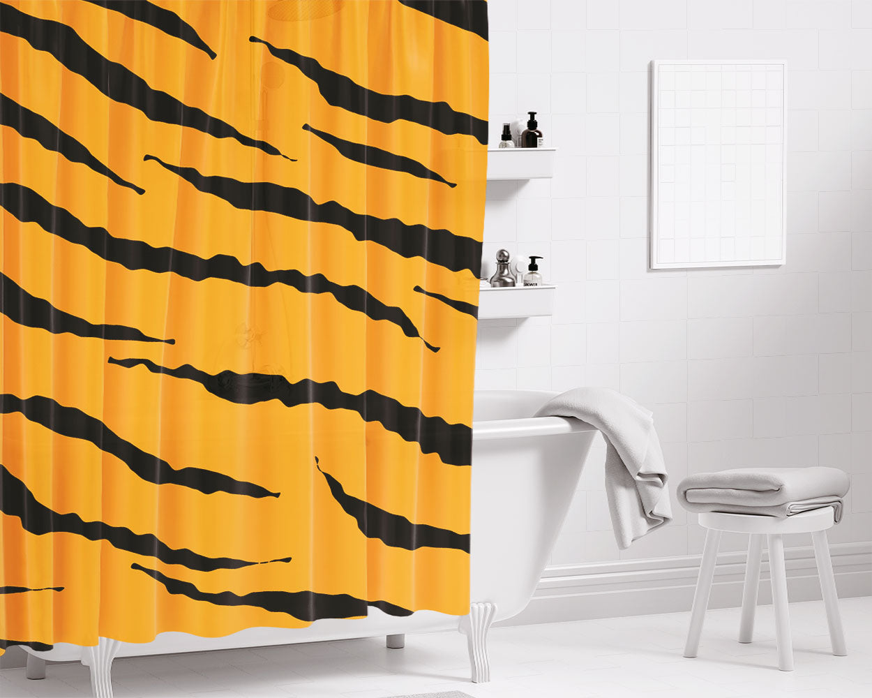 Orange Black Tiger Skin Texture Nature Pattern Art Bathroom Shower Curtain Fabric Waterproof | 66 X 72 Inch