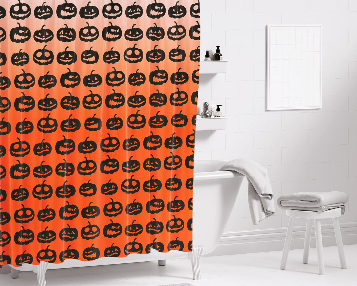 Orange Pumpkins Pattern Silhouette Collections Art Prints Bathroom Shower Curtain Fabric Waterproof | 66 X 72 Inch