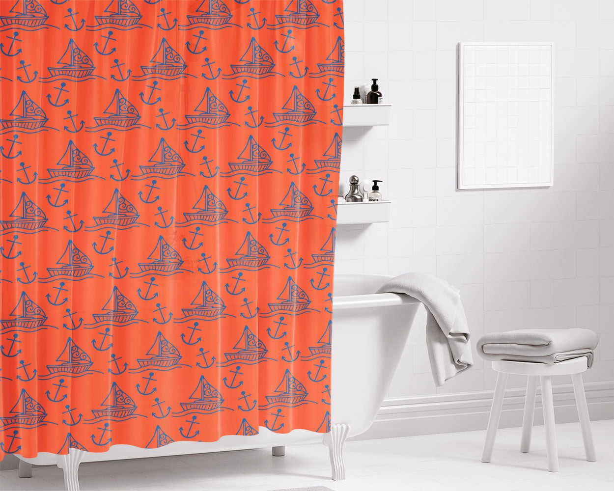 Peach Blue Sailor Ship Pattern Art Prints Bathroom Shower Curtain Fabric Waterproof | 66 X 72 Inch