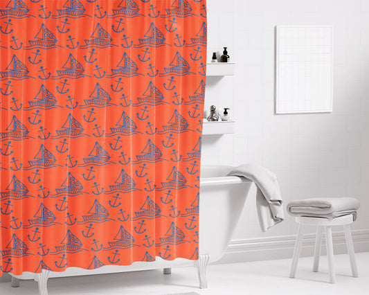 Peach Blue Sailor Ship Pattern Art Prints Bathroom Shower Curtain Fabric Waterproof | 66 X 72 Inch