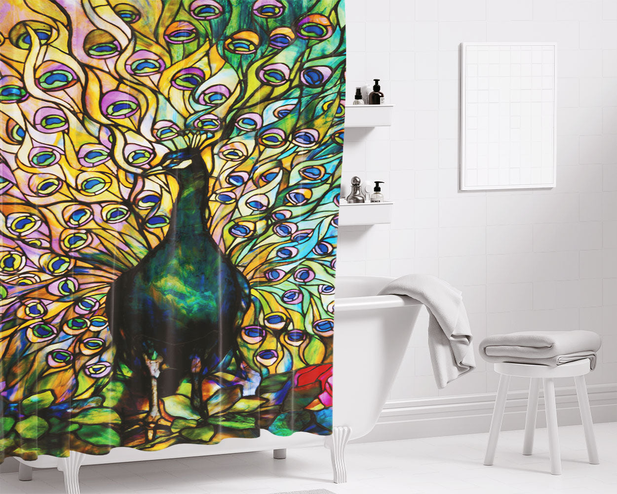 Peacock Tiffany Stained Glass Bathroom Shower Curtain Fabric Waterproof | 66 X 72 Inch