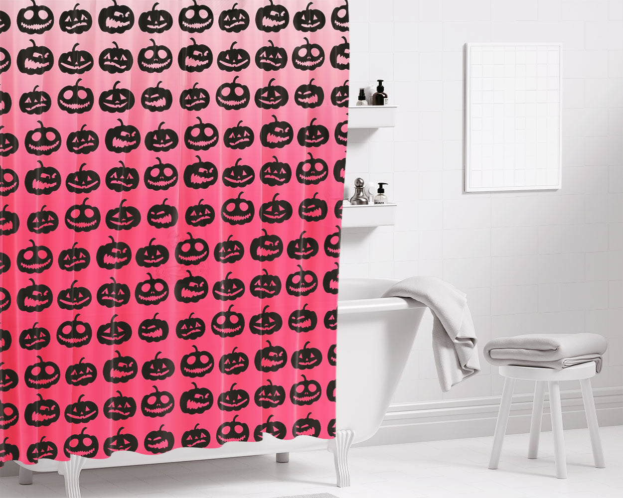Pink Pumpkins Pattern Silhouette Collections Art Prints Bathroom Shower Curtain Fabric Waterproof | 66 X 72 Inch
