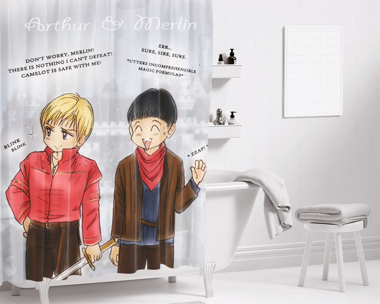 Arthur And Merlin Cute Characters Bathroom Shower Curtain Fabric Waterproof | 66 X 72 Inch