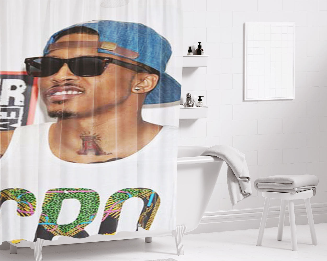 August Alsina Blue Hat Bathroom Shower Curtain Fabric Waterproof | 66 X 72 Inch
