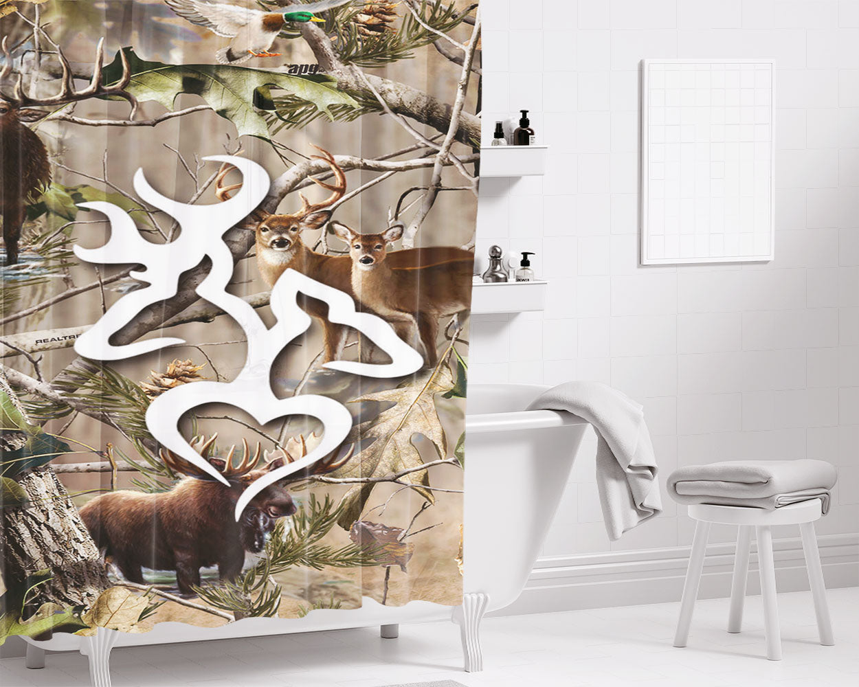 Browning Deer Love Realtree Camo Bathroom Shower Curtain Fabric Waterproof | 66 X 72 Inch
