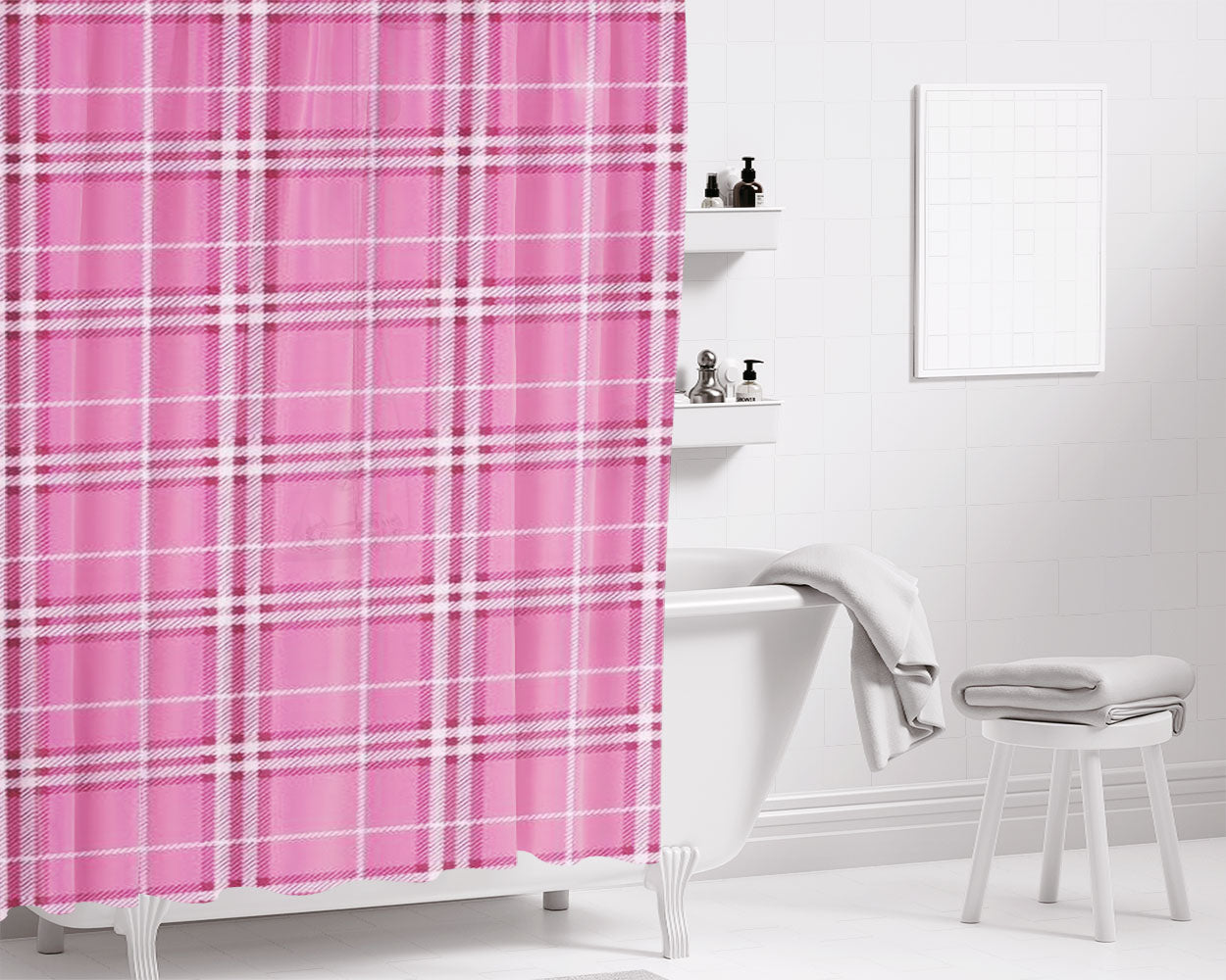 Candy Pink Grid Bathroom Shower Curtain Fabric Waterproof | 66 X 72 Inch