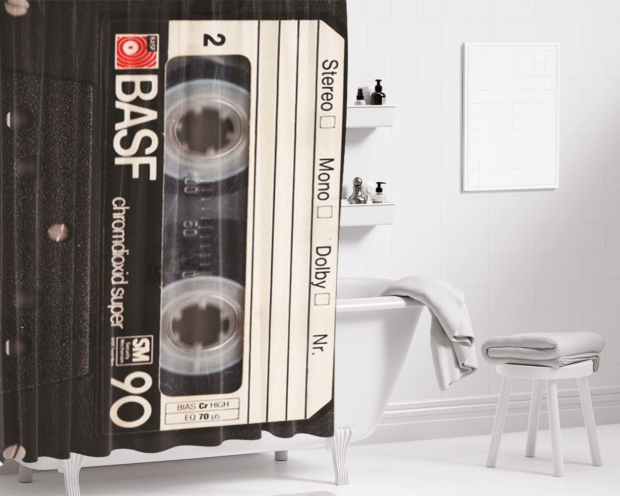 Cassete Tape Retro Style Bathroom Shower Curtain Fabric Waterproof | 66 X 72 Inch