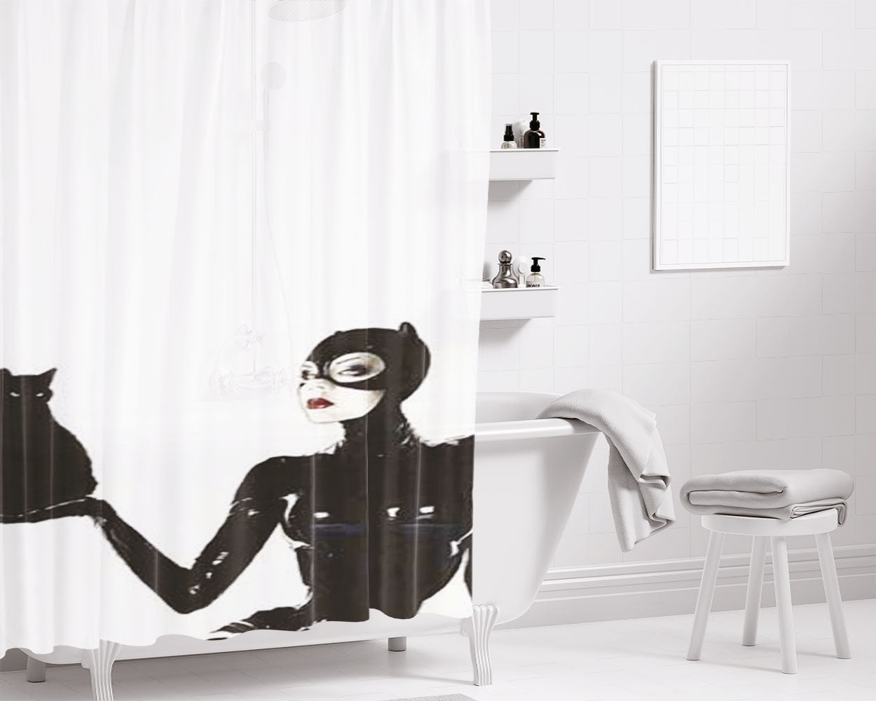 Catwoman Holding Cat Bathroom Shower Curtain Fabric Waterproof | 66 X 72 Inch