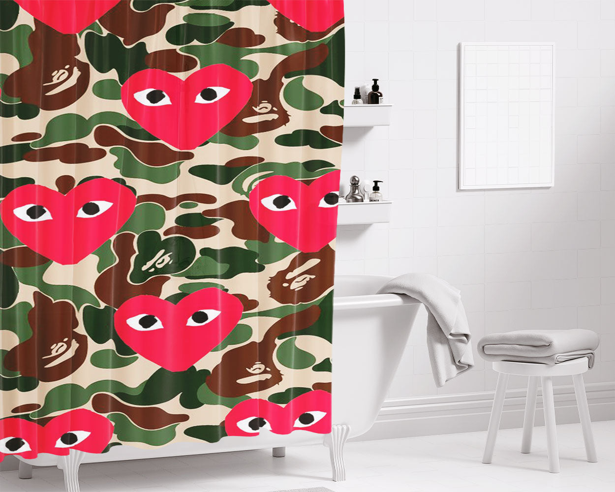 Cdg Chamo Pattern Bape Style Bathroom Shower Curtain Fabric Waterproof | 66 X 72 Inch