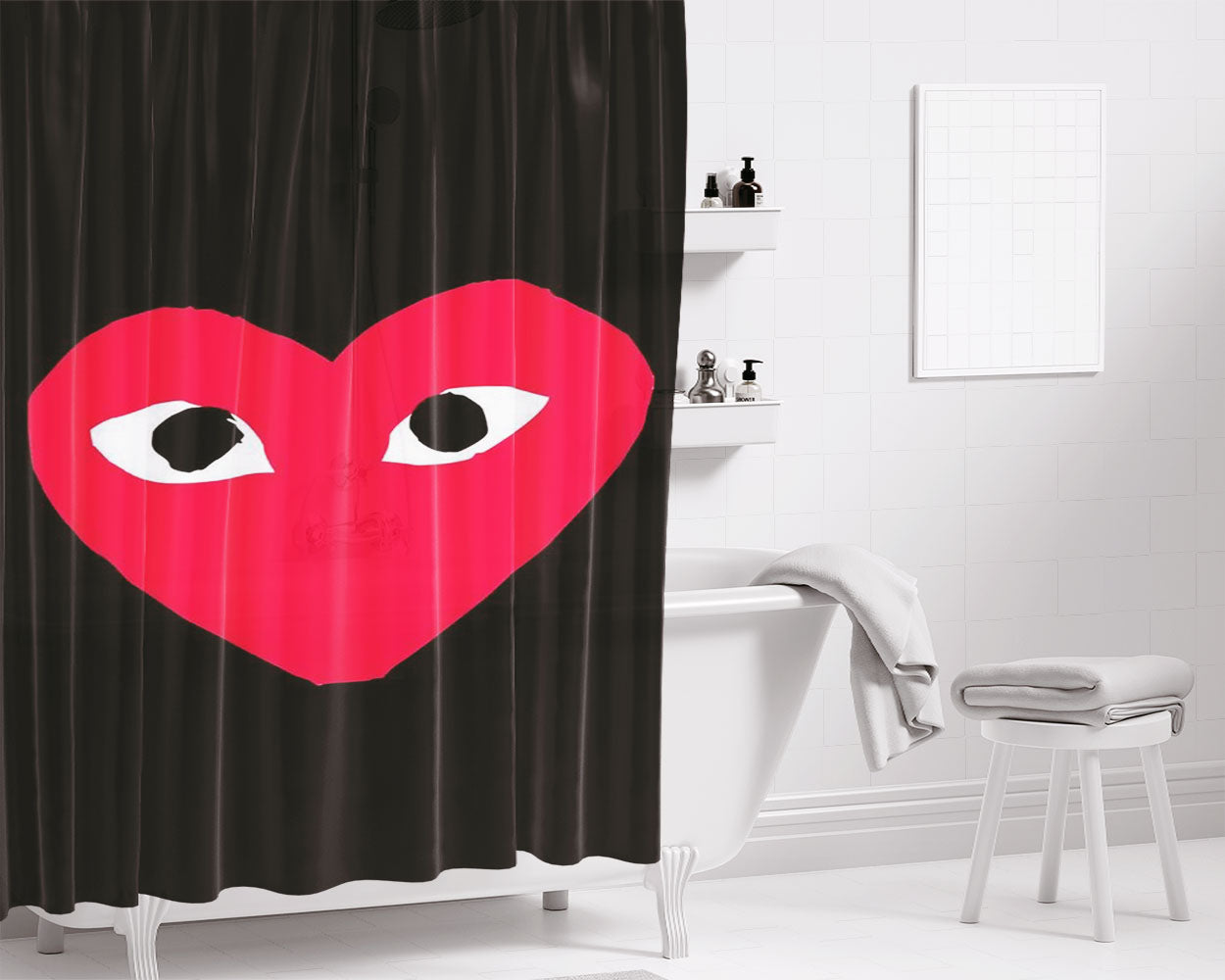Cdg Love Heart On Black Bathroom Shower Curtain Fabric Waterproof | 66 X 72 Inch