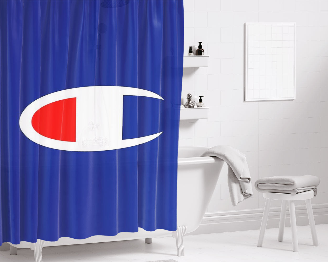 Champion In Blue Big Logo Bathroom Shower Curtain Fabric Waterproof | 66 X 72 Inch