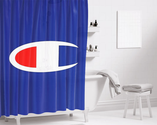 Champion In Blue Big Logo Bathroom Shower Curtain Fabric Waterproof | 66 X 72 Inch
