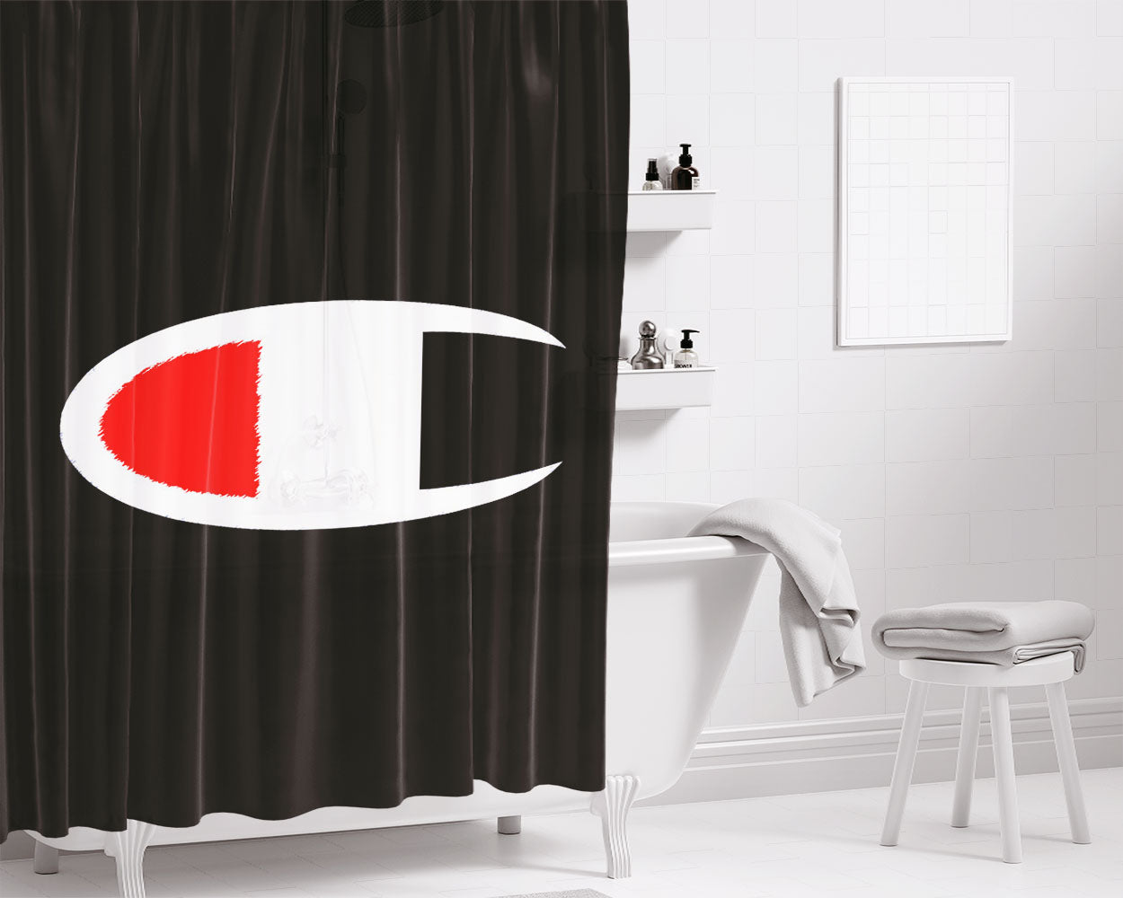 Champion Logo Black Bathroom Shower Curtain Fabric Waterproof | 66 X 72 Inch