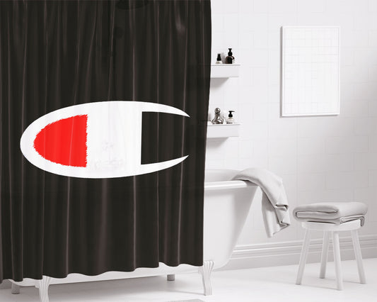 Champion Logo Black Bathroom Shower Curtain Fabric Waterproof | 66 X 72 Inch