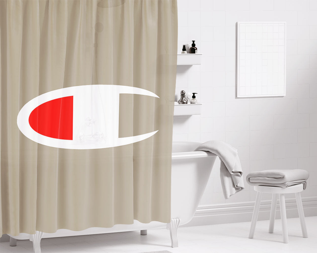 Champion Logo Gray Bathroom Shower Curtain Fabric Waterproof | 66 X 72 Inch