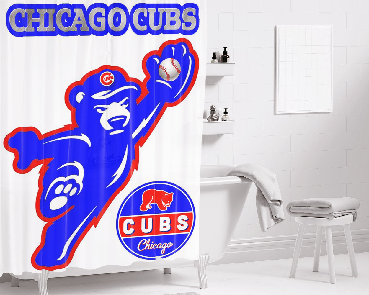 Chicago Cubs Bear Baseball Bathroom Shower Curtain Fabric Waterproof | 66 X 72 Inch