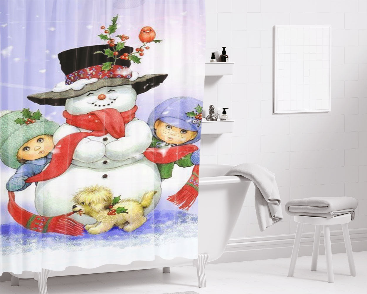 Chirstmas Snowman Bathroom Shower Curtain Fabric Waterproof | 66 X 72 Inch