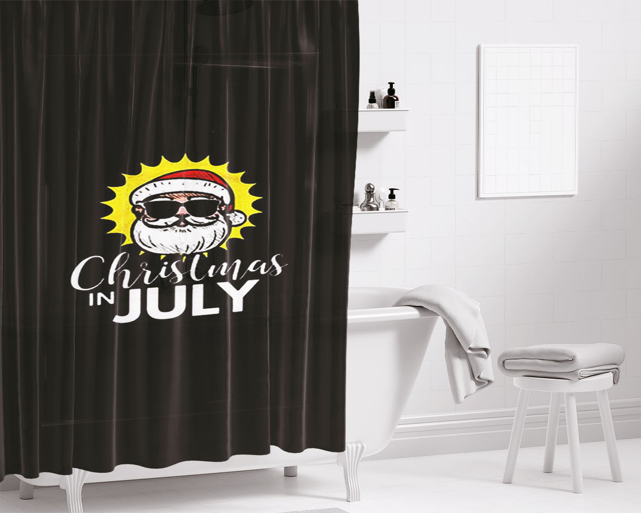 Christmas In July Santa With Sunglasses In The Summer Sun Bathroom Shower Curtain Fabric Waterproof | 66 X 72 Inch