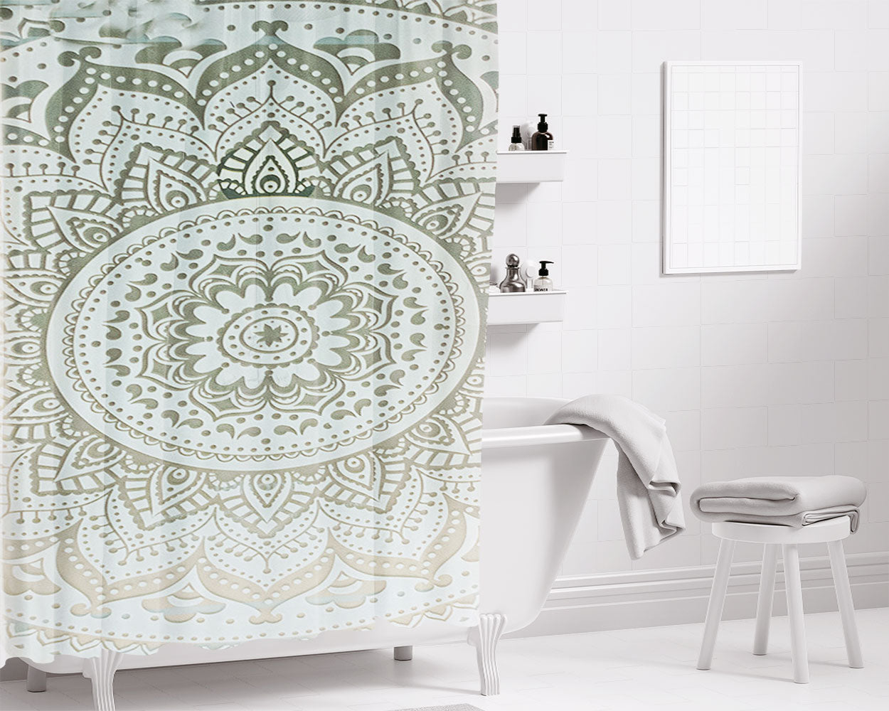 Clear White Chevron Mandala Bathroom Shower Curtain Fabric Waterproof | 66 X 72 Inch