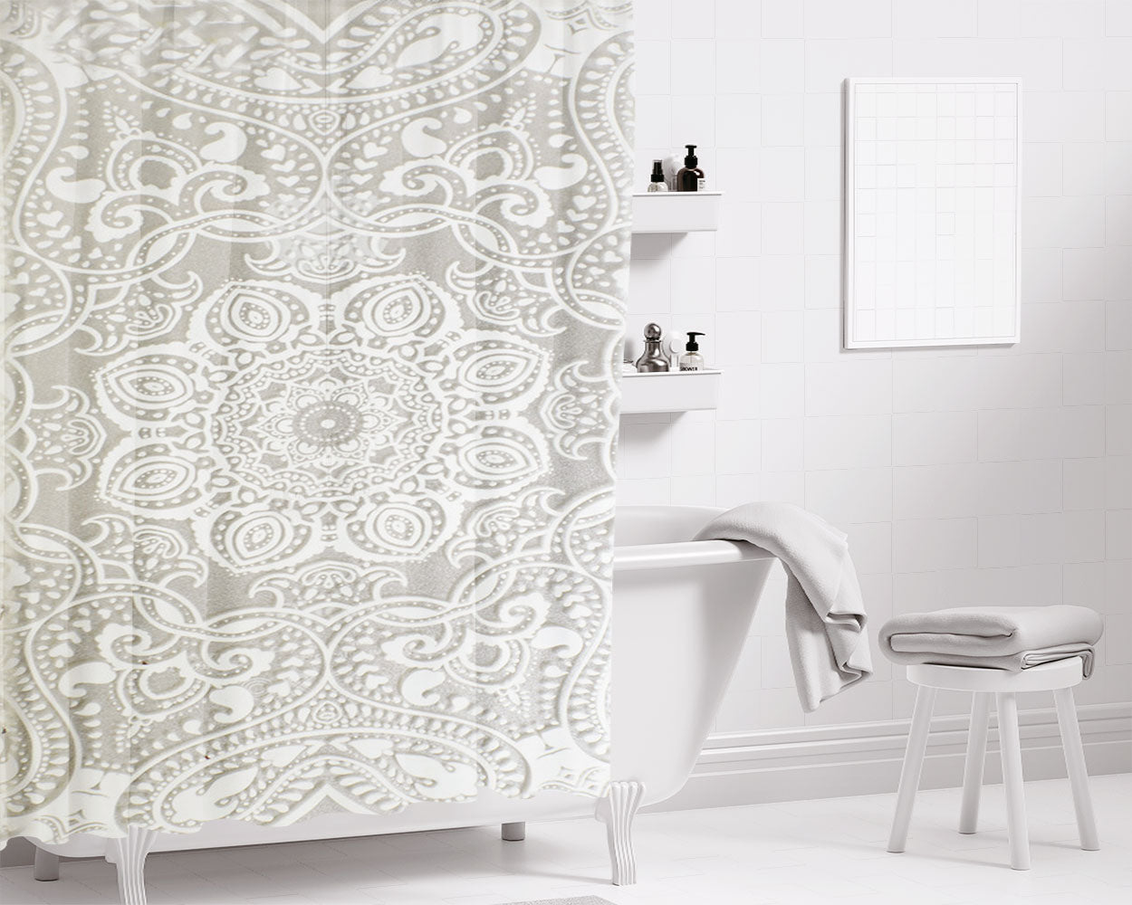 Clear White Mandala Bathroom Shower Curtain Fabric Waterproof | 66 X 72 Inch