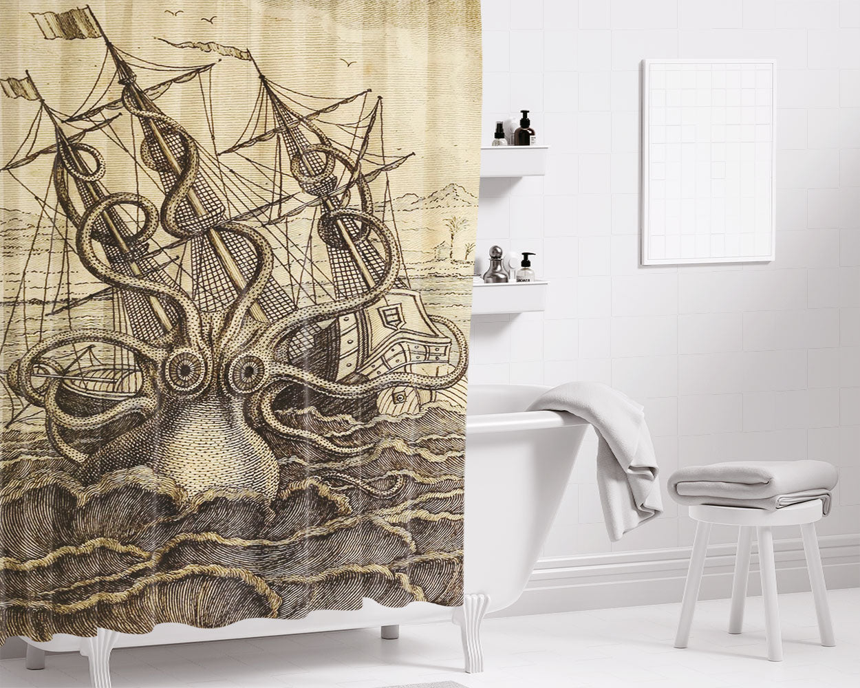 Giant Kraken Cabral Nautical Bathroom Shower Curtain Fabric Waterproof | 66 X 72 Inch