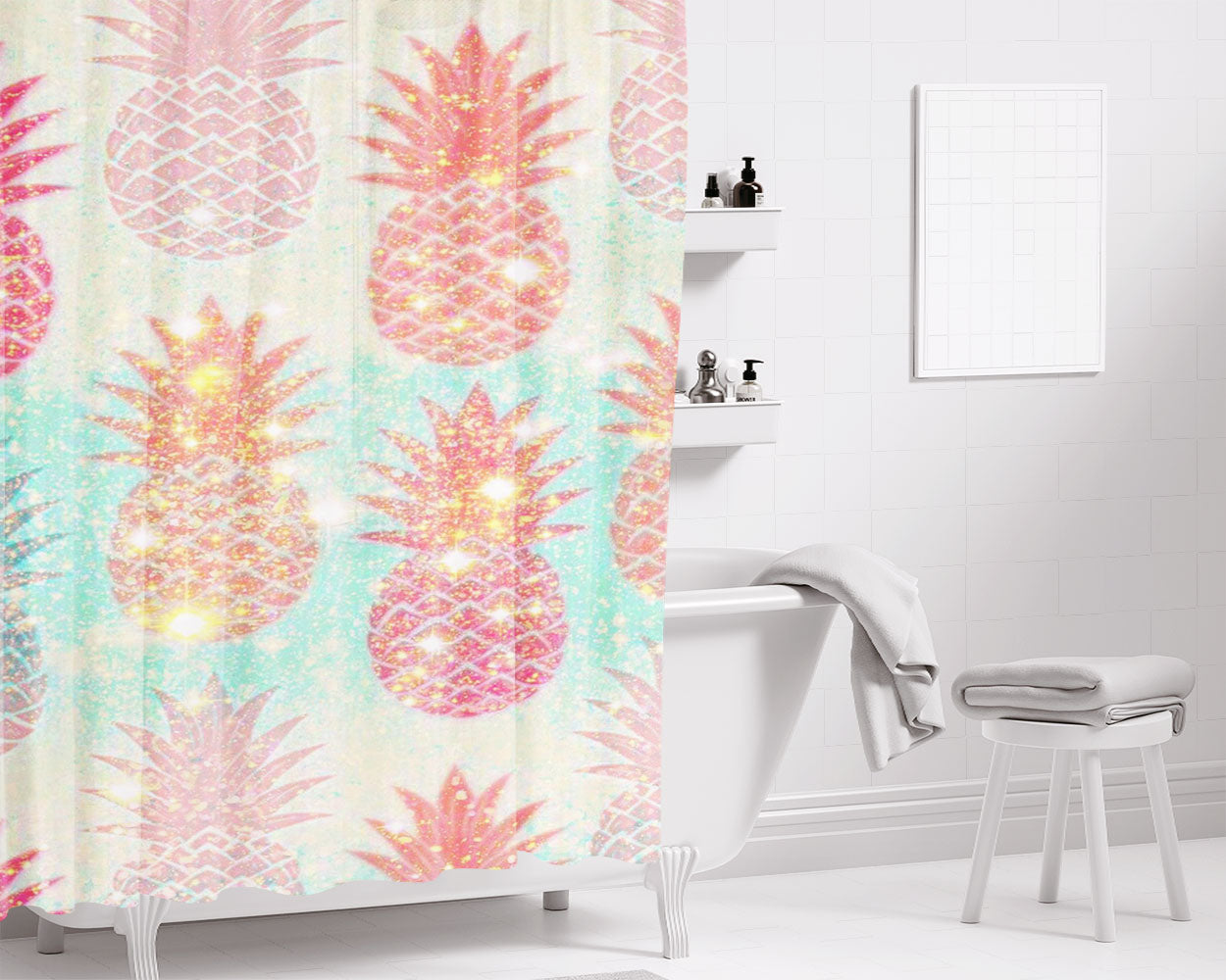 Glittery Coral Pineapples August Bathroom Shower Curtain Fabric Waterproof | 66 X 72 Inch