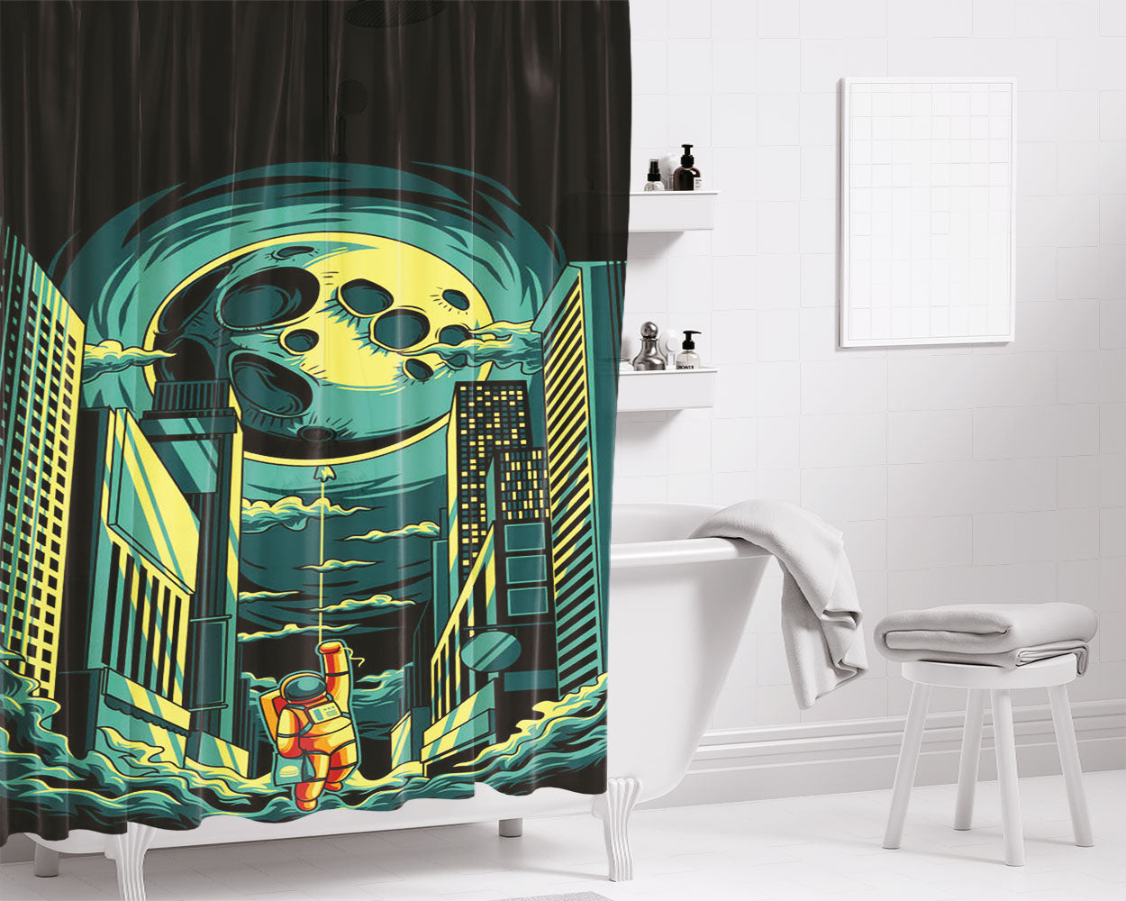 Go To The Moon Bathroom Shower Curtain Fabric Waterproof | 66 X 72 Inch