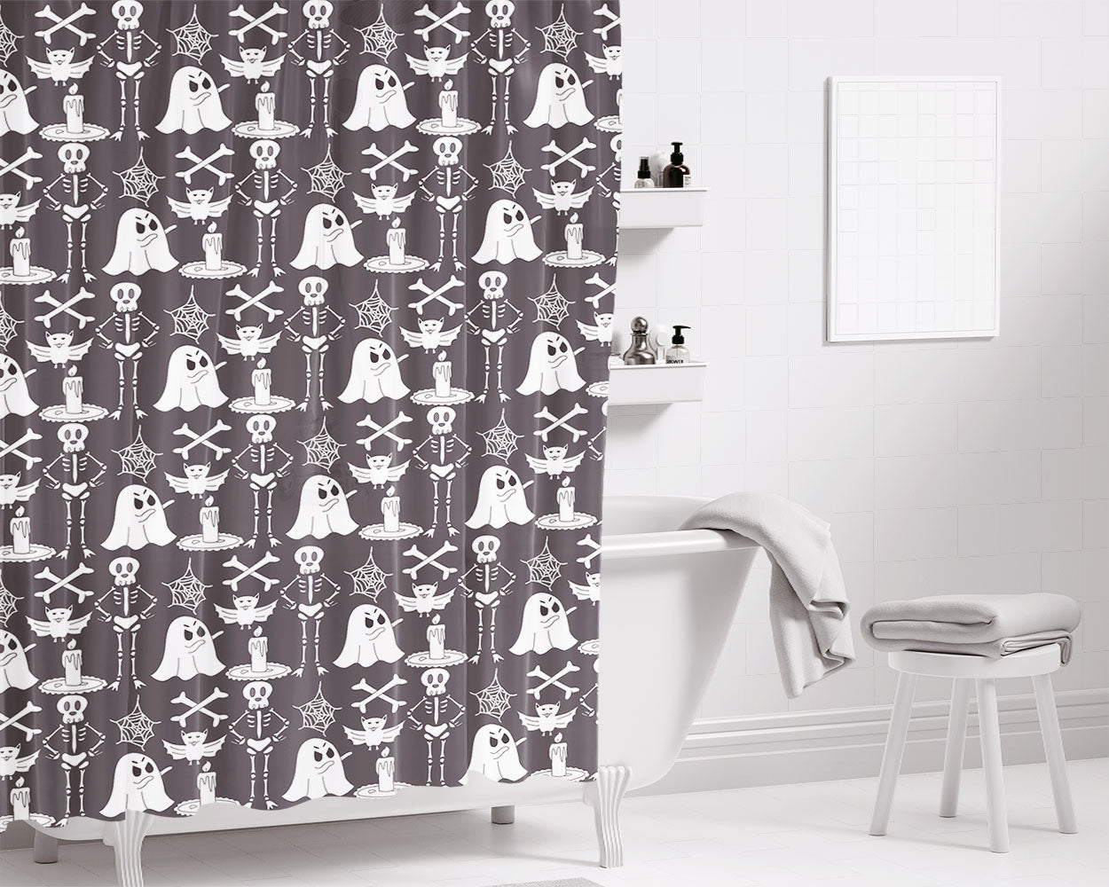Grayscale Pattern Halloween Ghost Skeleton Art Prints Bathroom Shower Curtain Fabric Waterproof | 66 X 72 Inch