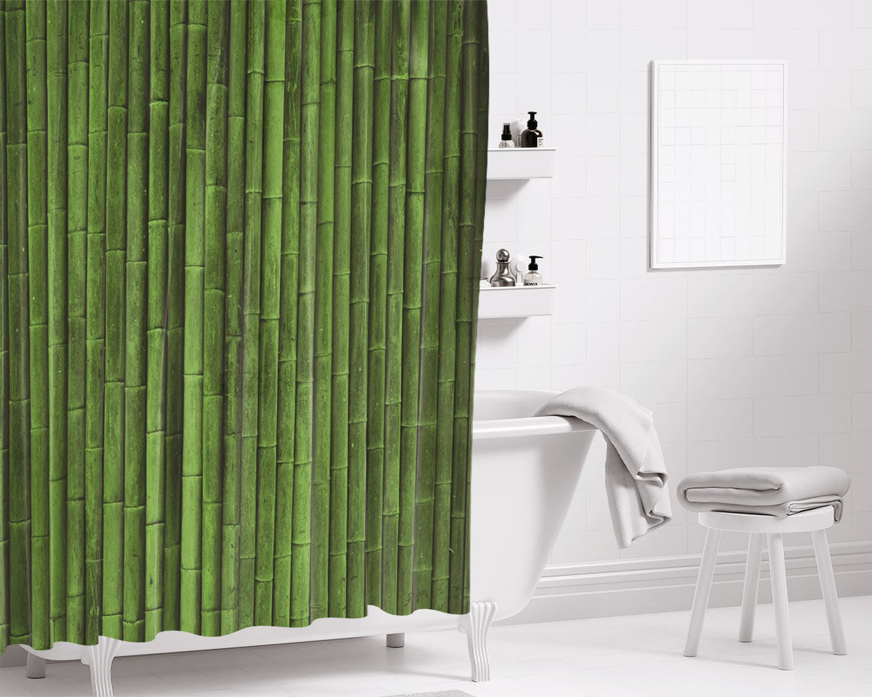 Green Bamboo Texture Bathroom Shower Curtain Fabric Waterproof | 66 X 72 Inch