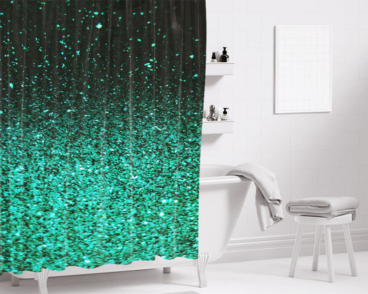 Green Glitter Color Bathroom Shower Curtain Fabric Waterproof | 66 X 72 Inch