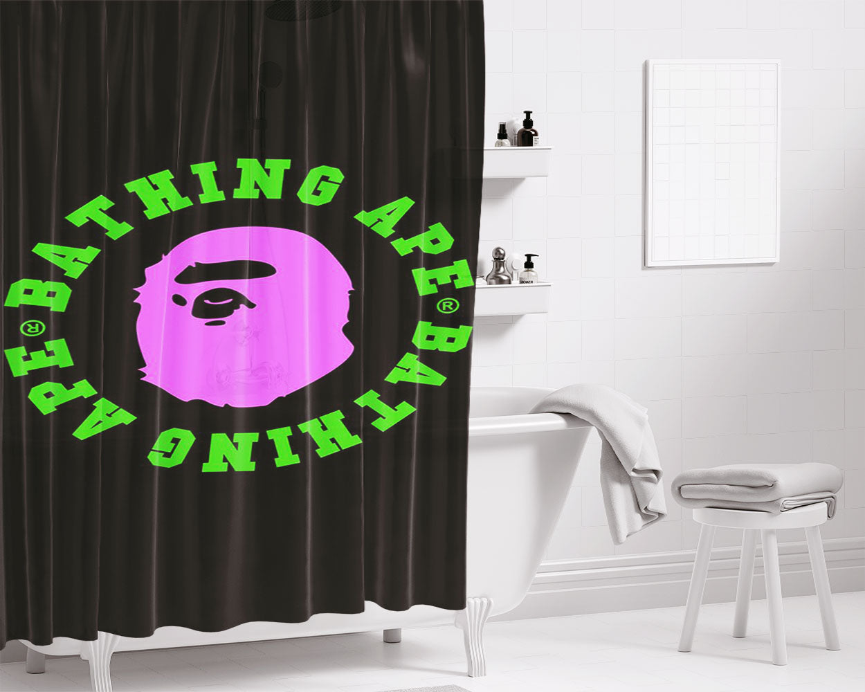 Green Pink Bape Style Bathroom Shower Curtain Fabric Waterproof | 66 X 72 Inch
