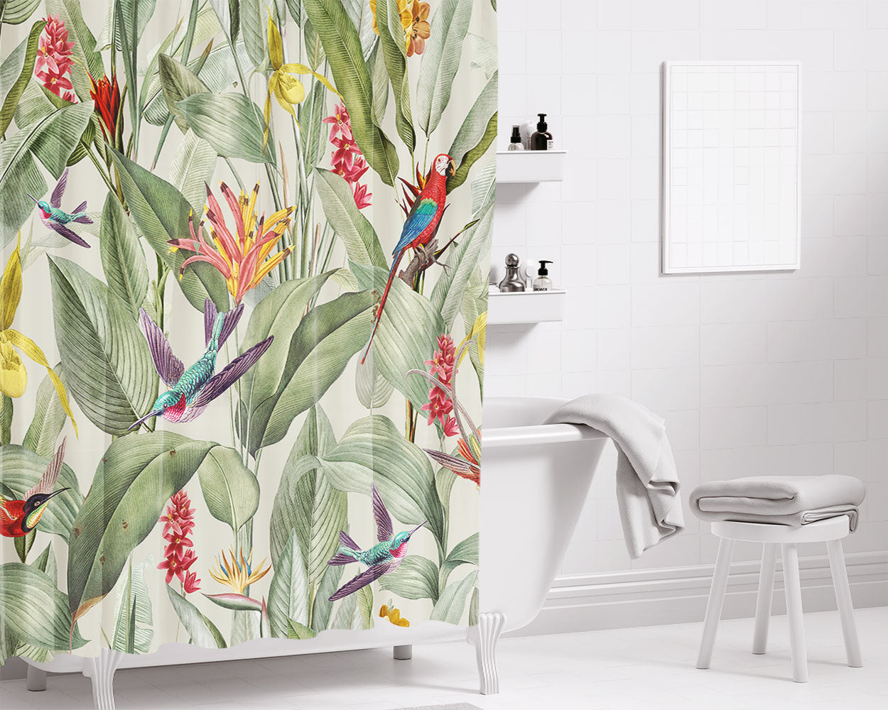 Green Tropical Pattern Bathroom Shower Curtain Fabric Waterproof | 66 X 72 Inch