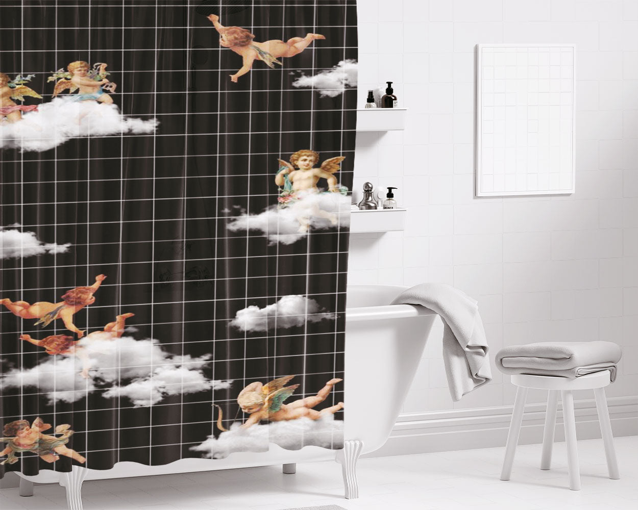 Grid Of Angel Bathroom Shower Curtain Fabric Waterproof | 66 X 72 Inch