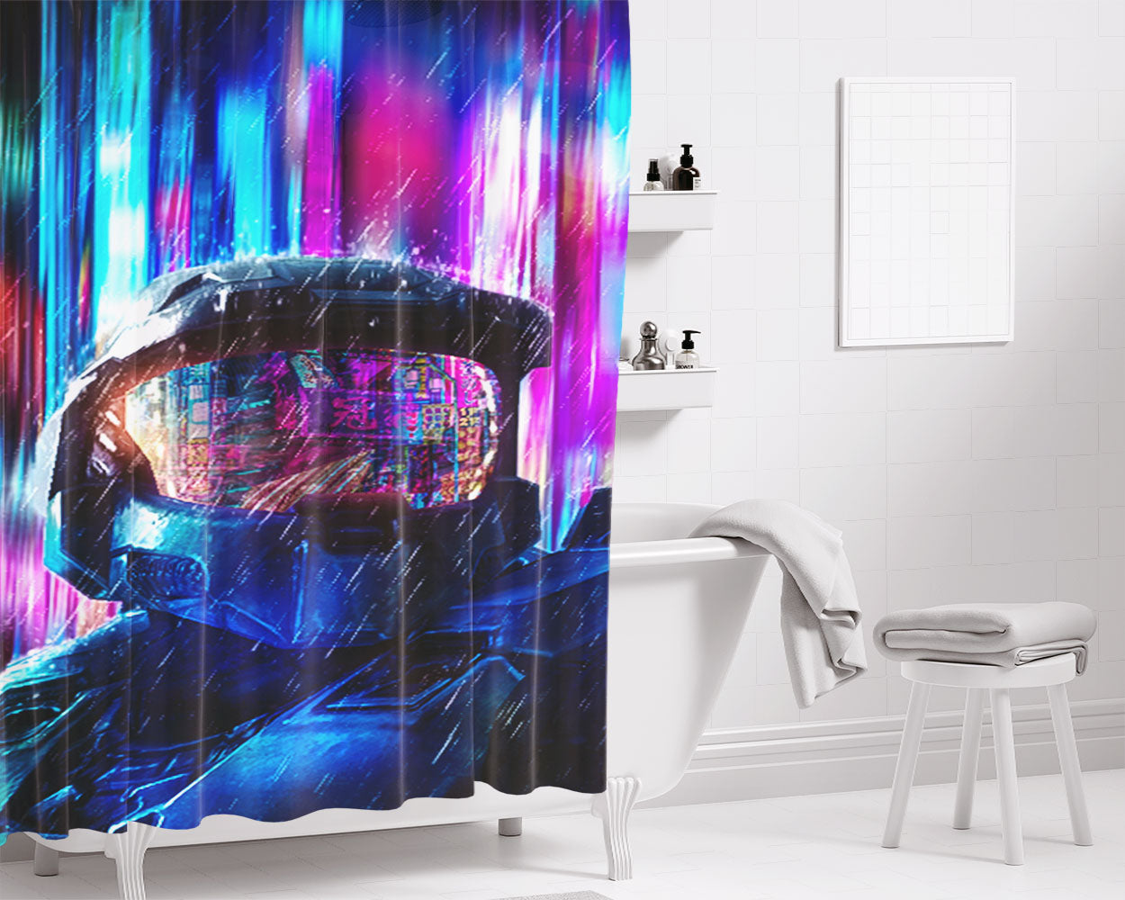 Halo Helmet Cyberpunk Bathroom Shower Curtain Fabric Waterproof | 66 X 72 Inch