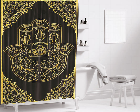 Hamsa Hand Black And Gold Bathroom Shower Curtain Fabric Waterproof | 66 X 72 Inch