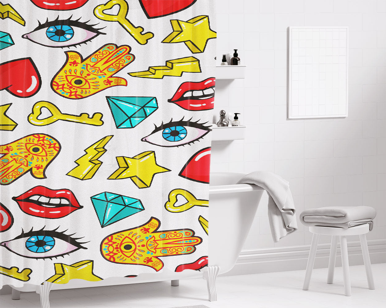 Hamsa Lips Diamonds Noise Icons Bathroom Shower Curtain Fabric Waterproof | 66 X 72 Inch