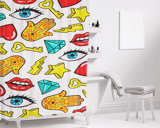 Hamsa Lips Diamonds Noise Icons Bathroom Shower Curtain Fabric Waterproof | 66 X 72 Inch