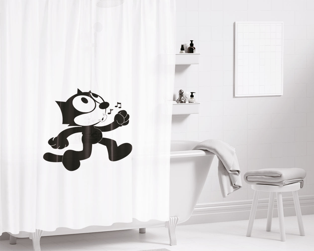 Happy Felix The Cat Bathroom Shower Curtain Fabric Waterproof | 66 X 72 Inch