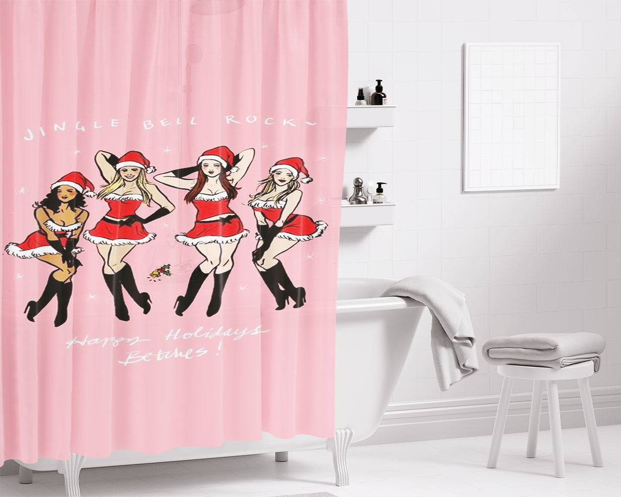 Jingle Bell Christmas Girl Bathroom Shower Curtain Fabric Waterproof | 66 X 72 Inch