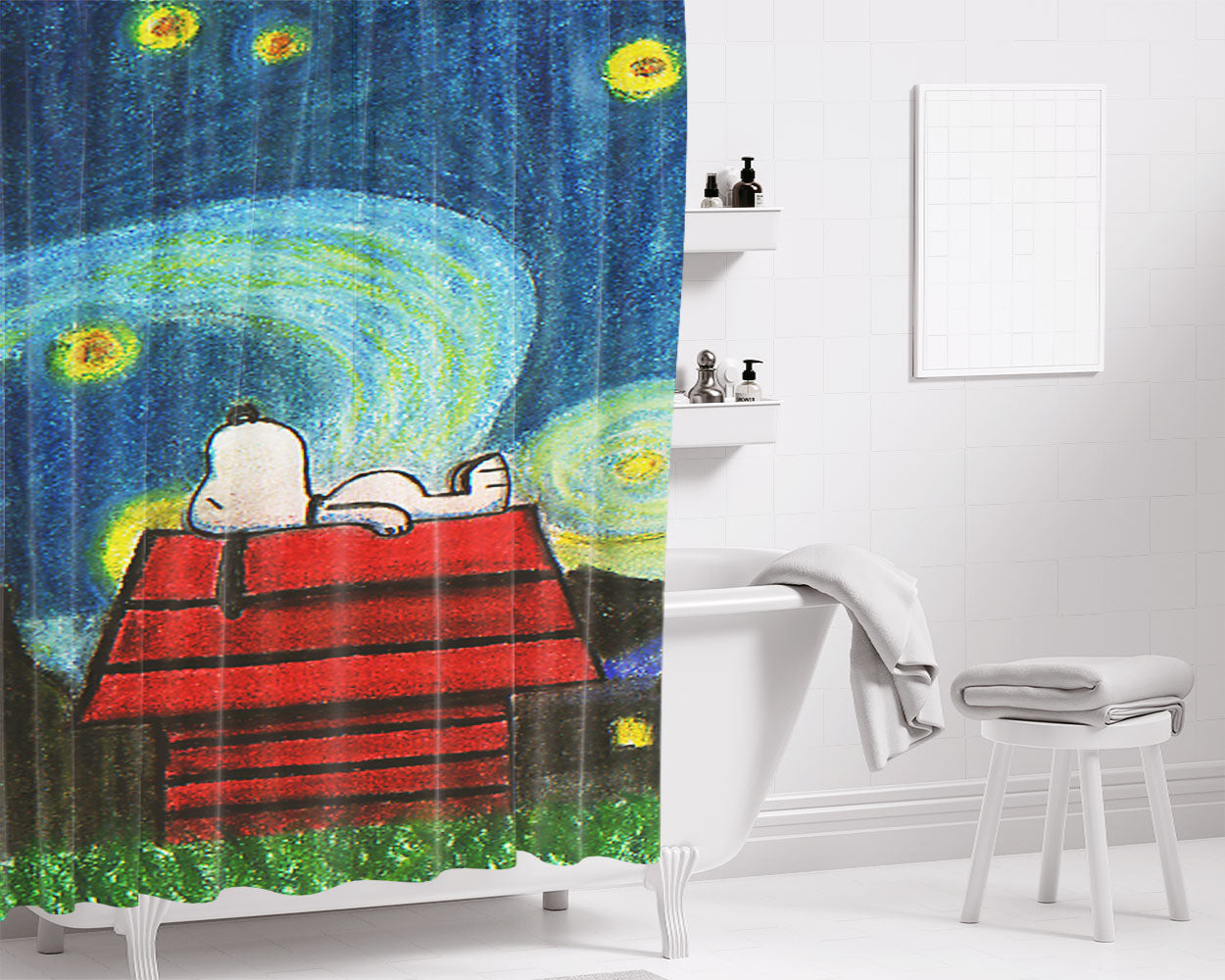 Starry Night Snoopy By Knoxcat Bathroom Shower Curtain Fabric Waterproof | 66 X 72 Inch