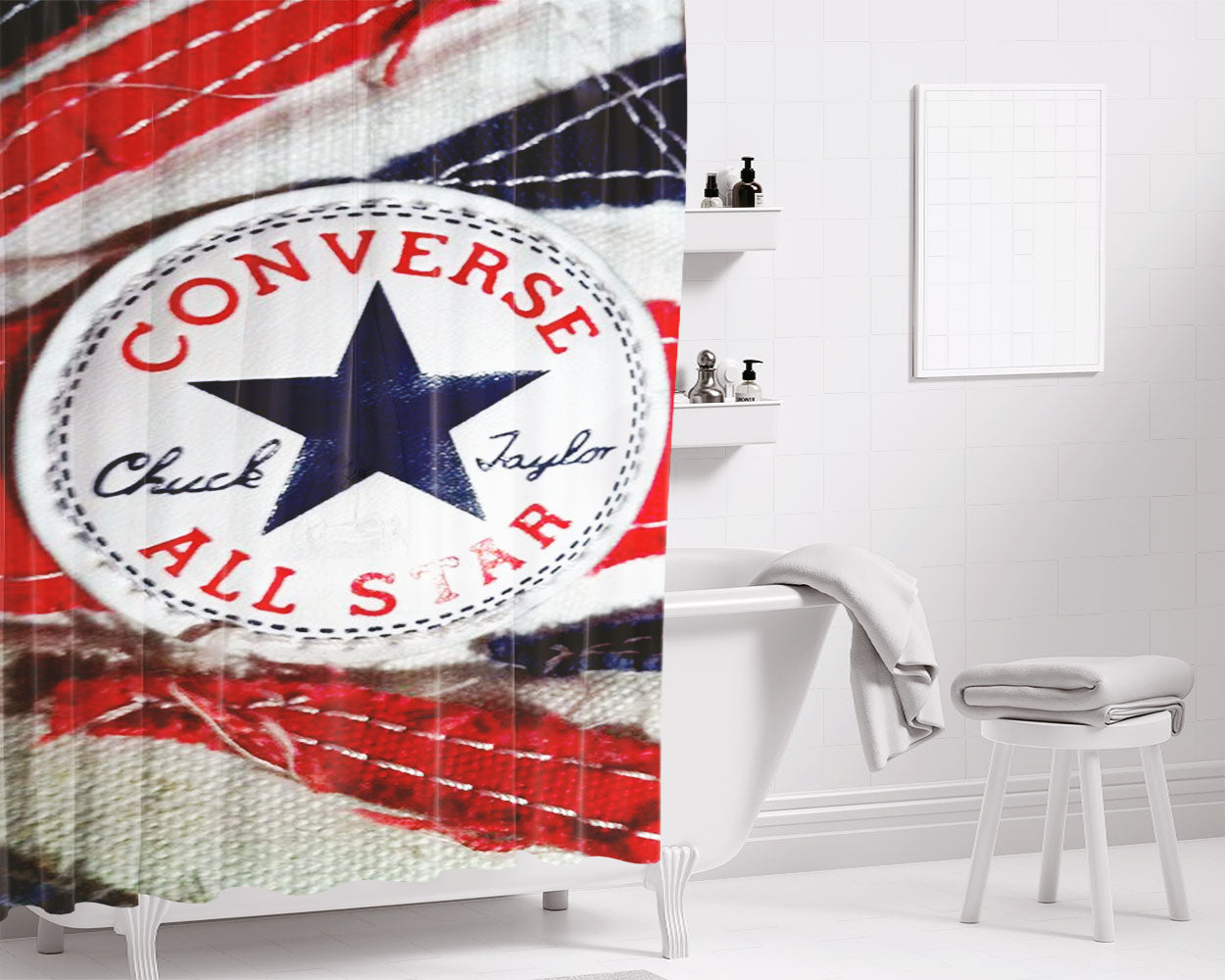Converse All Star Chuck Taylor Red And Blue Flag Bathroom Shower Curtain Fabric Waterproof | 66 X 72 Inch