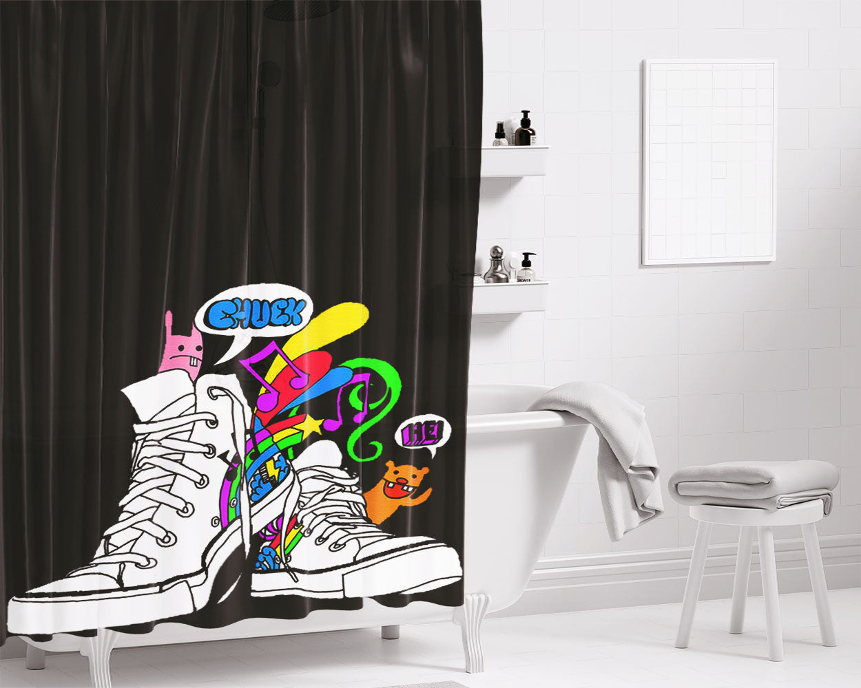 Converse Fun And Doodle Bathroom Shower Curtain Fabric Waterproof | 66 X 72 Inch