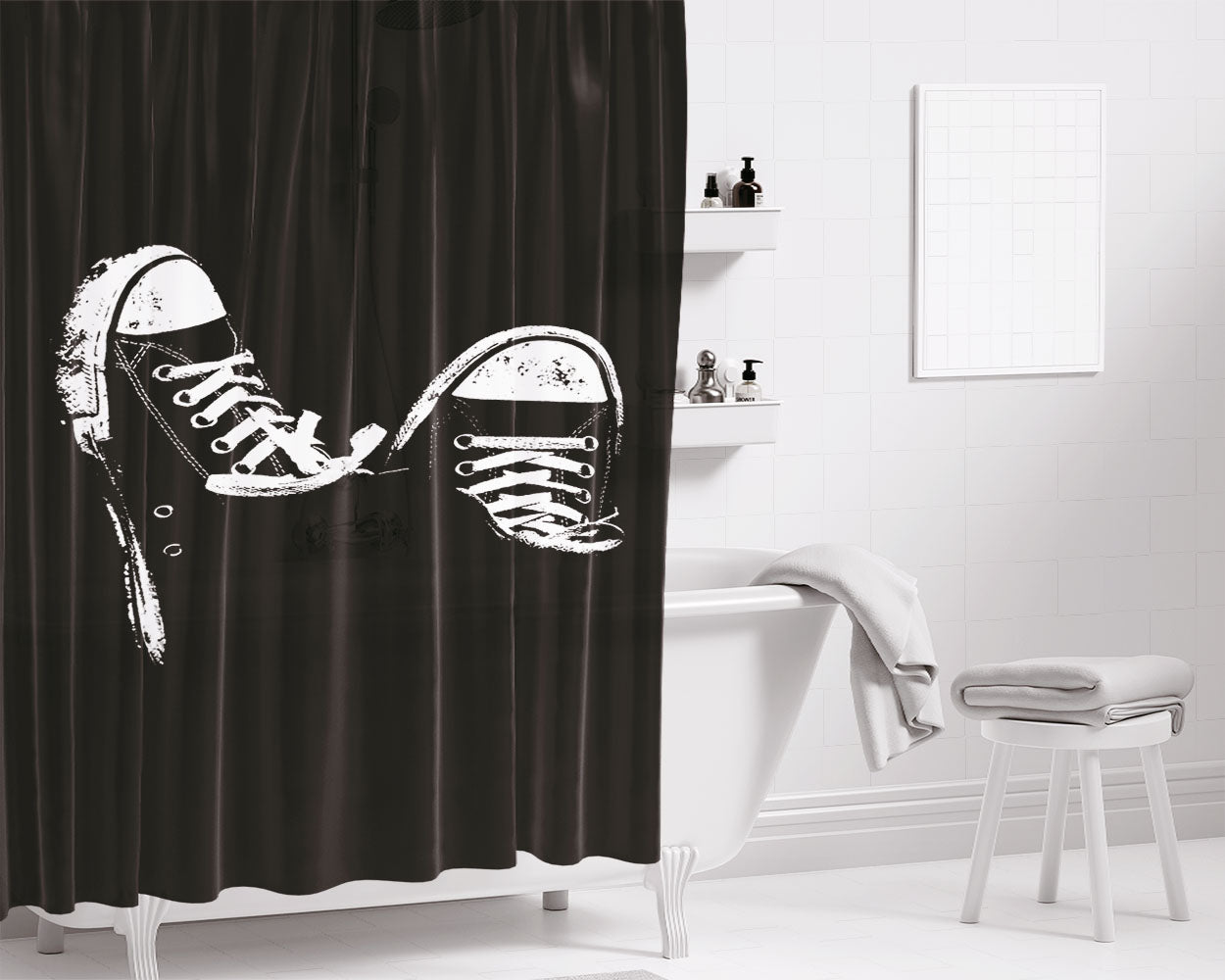 Converse White Silhouette Bathroom Shower Curtain Fabric Waterproof | 66 X 72 Inch