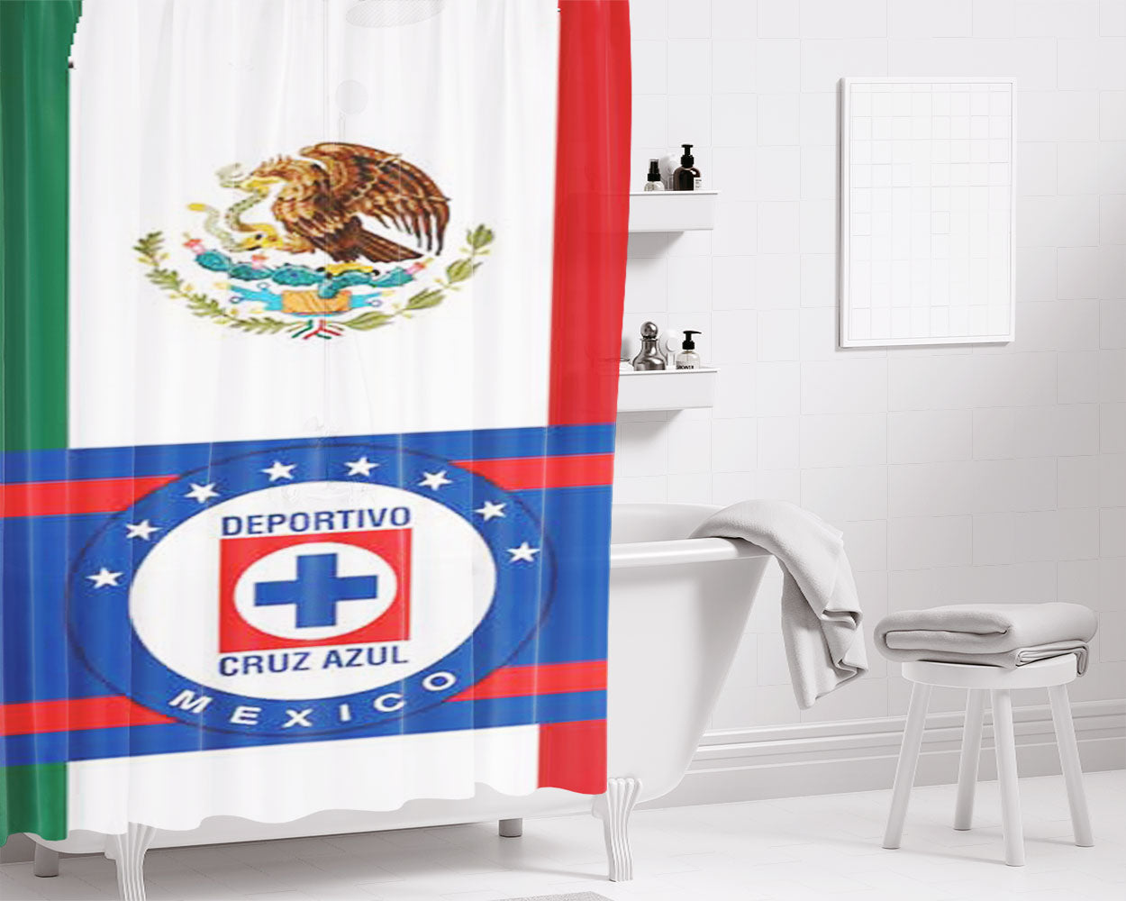 Cruz Azul Logo And Flag Bathroom Shower Curtain Fabric Waterproof | 66 X 72 Inch