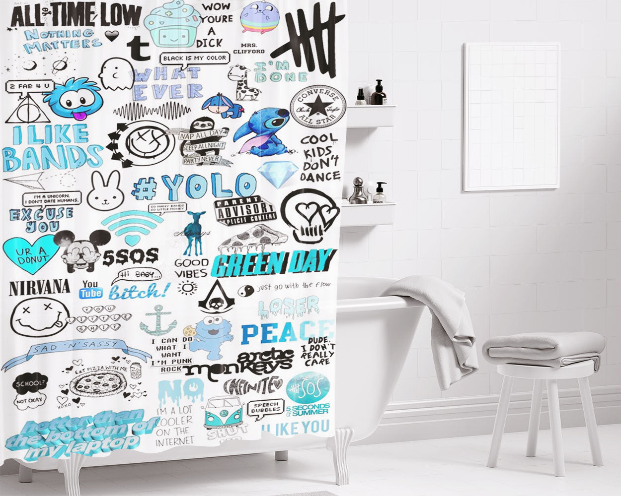 Cute Blue And Black Bathroom Shower Curtain Fabric Waterproof | 66 X 72 Inch