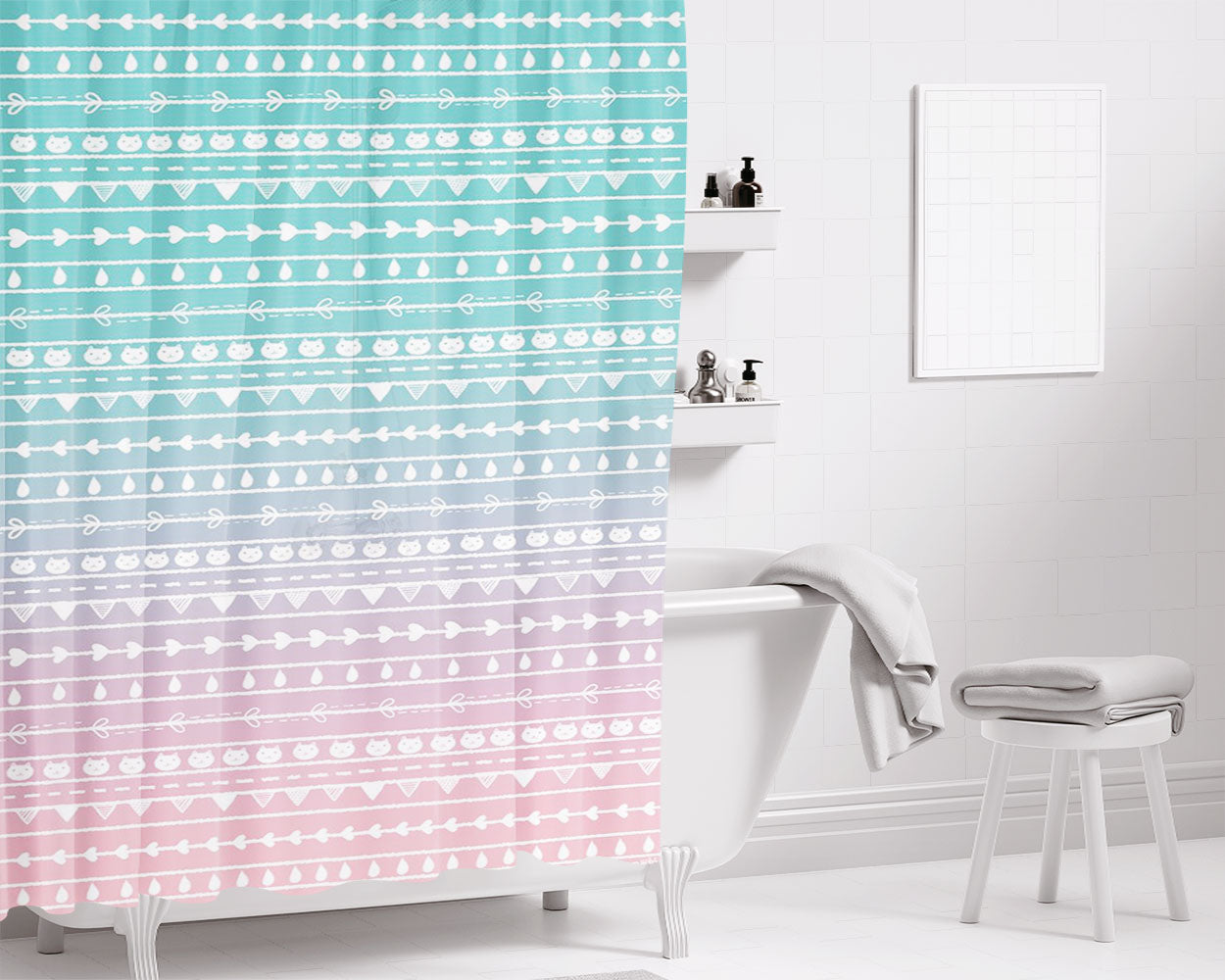 Cute Cat Pattern Bathroom Shower Curtain Fabric Waterproof | 66 X 72 Inch